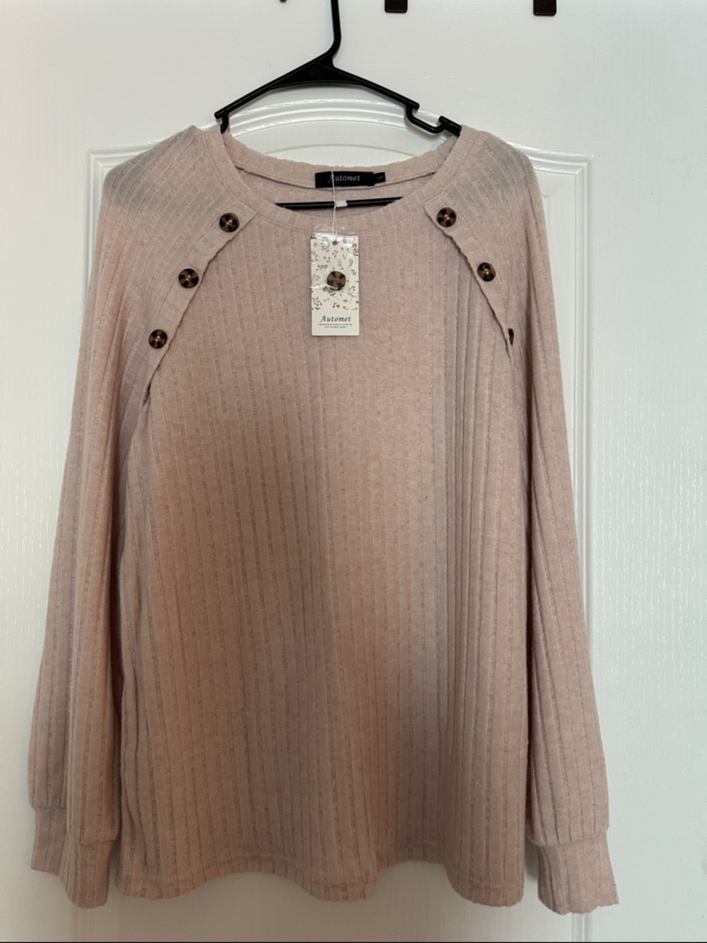 Autograph Blush Ribbed Button-Shoulder Crew Sweater